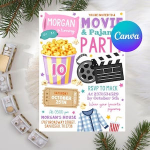 Movie and Pajamas Party Birthday Invitation,Editable Template,Girl Movie PJs Slumber Party Popcorn Invite,Sleepover Movie Ticket Evite,Movie and Pajamas,Party Birthday,Editable Template,Movie PJs Slumber,Party Popcorn Evite,Sleepover Movie,Night Ticket,Digital Invitation,Printable film reel,pillow camping,backyard movie,instant download