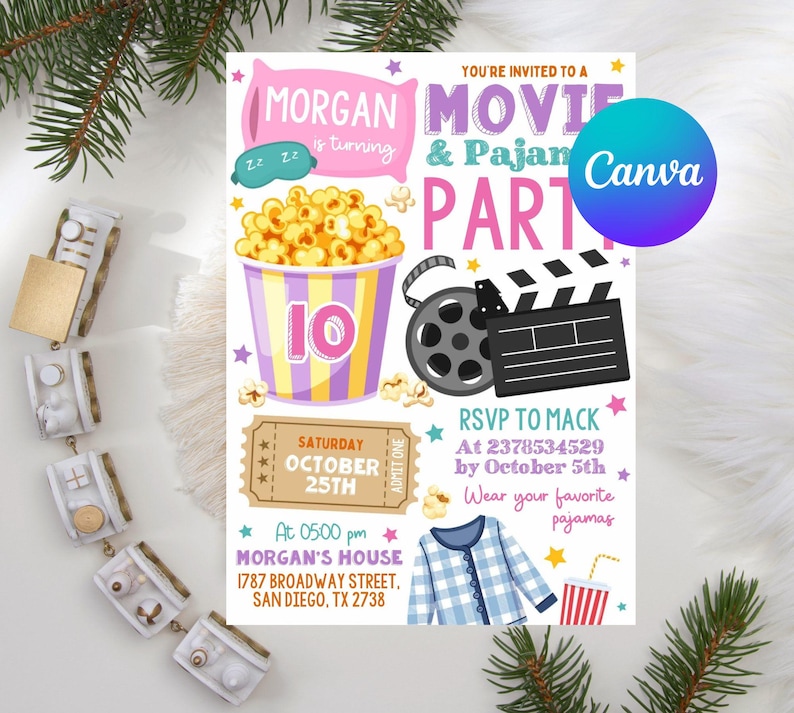 Movie and Pajamas Party Birthday Invitation,Editable Template,Girl Movie PJs Slumber Party Popcorn Invite,Sleepover Movie Ticket Evite,Movie and Pajamas,Party Birthday,Editable Template,Movie PJs Slumber,Party Popcorn Evite,Sleepover Movie,Night Ticket,Digital Invitation,Printable film reel,pillow camping,backyard movie,instant download