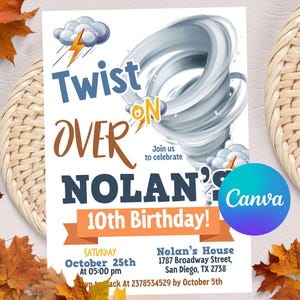 Editable Tornado Birthday Party Invitation, Birthday Invitations, Tornado Party, Tornado Birthday, Tornado Invitations, Canva Template