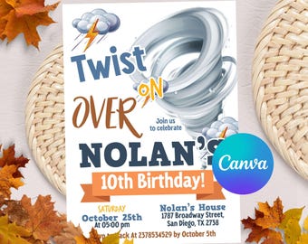 Editable Tornado Birthday Party Invitation, Birthday Invitations, Tornado Party, Tornado Birthday, Tornado Invitations, Canva Template