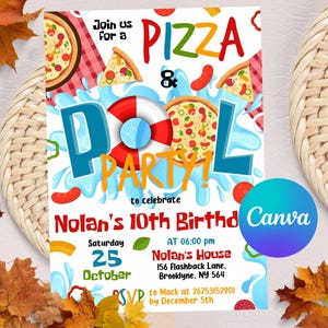 May include: A colorful invitation for a pizza and pool party to celebrate Nolan's 10th birthday. The invitation features a cartoon pizza, a pool float, and the text "Join us for a Pizza & Pool Party! To celebrate Nolan's 10th Birthday". The party is on Saturday, October 25th at 6:00 pm at Nolan's House, 156 Flashback Lane, Brooklyne, NY 564. RSVP to Mack at 26753152901 by December 5th.