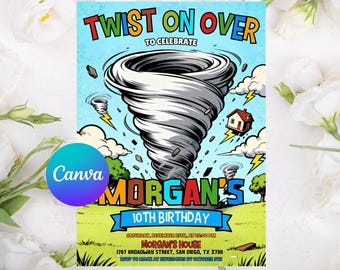 Editable Tornado Birthday Party Invitation, Birthday Invitations, Tornado Party, Tornado Birthday, Tornado Invitations, with CANVA