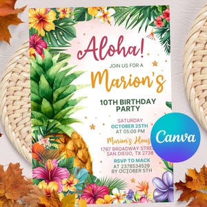 Tropical Birthday Invitation, Hawaiian Invitation Luau Invitation Aloha Party Invite Pineapple Invite, EDITABLE Instant Digital Download