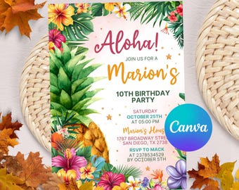 Aloha Luau Birthday Invitation, Luau Birthday Invite, Hawaiian Birthday Party, Aloha Luau Invite, Instant Download, Editable Canva Template