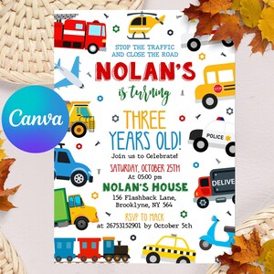 Transportation Evite,Truck Birthday,Cars Birthday Invite,Truck Invitation,Choo Choo Train,Beep,City Transportation,Transportation,Cars Birthday,Truck and Cars,3rd birthday,truck car,Transportation,Editable Template,Invitation Template,Digital Invitation