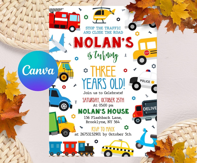 Transportation Evite,Truck Birthday,Cars Birthday Invite,Truck Invitation,Choo Choo Train,Beep,City Transportation,Transportation,Cars Birthday,Truck and Cars,3rd birthday,truck car,Transportation,Editable Template,Invitation Template,Digital Invitation