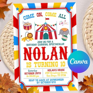 Carnival Circus Invitation, Carnival Birthday Party Invitation, Circus Party Invite, Carnival Invitation, Digital Printable Invitation