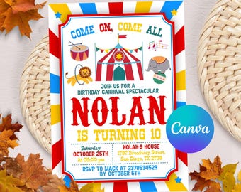 Op de afbeelding: Een kleurrijke circus-thema-verjaardagsuitnodiging voor Nolan's 10e verjaardag. De uitnodiging heeft een rood-wit gestreept tent, een leeuw, een olifant, een trommel en muzieknoten. De tekst luidt "Kom op, kom allemaal" en "Doe mee met een verjaardags-carnavalsspektakel Nolan wordt 10 jaar". De uitnodiging bevat ook de datum, tijd en RSVP-informatie.