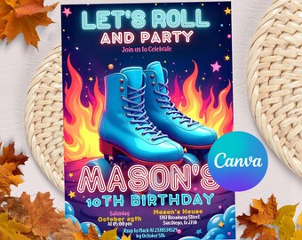 Pode incluir: Um convite para uma festa de aniversário com uma placa de néon que diz "Let's Roll and Party". O convite apresenta um par de patins de rodas azuis com chamas atrás deles. O texto "Mason's 10th Birthday" está em letras de néon rosa. O convite inclui a data, a hora e o local da festa.