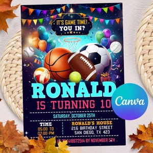 Invitación editable para cumpleaños de deportes, invitación para cumpleaños de deportes, invitación para fiestas de cumpleaños de deportes, volante con temática de deportes, invitación para deportes All Star