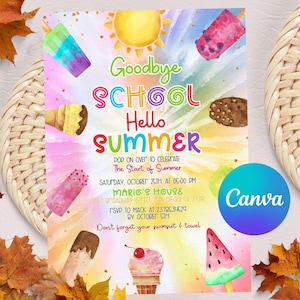 End of School Party Invitation, Schools Out Pool Party Invite, Goodbye School Hello Summer Party, Ice Cream Invite, Digital Printable