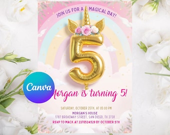 5th unicorn party invite, Editable 5th birthday invitation girl, Fifth birthday invite girl, Magical Party Invite Pastel rainbow invitation