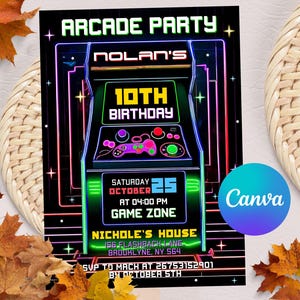 Arcade-Geburtstagsfeier-Einladung, Arcade-Einladung, Arcade-Party, Jungen-Gamer-Party, Videospielparty, Neon-Glow einladen, bearbeitbare Canva