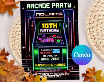 May include: A neon-colored arcade game birthday party invitation with a pixelated design. The invitation features the text "Arcade Party", "Nolan's", "10th Birthday", "Saturday October 25", "At 04:00 PM", "Game Zone", "Nichole's House", "156 Flashback Lane", "Brooklyn, NY 564", "RSVP to Mach at 26753152901", and "By October 5th".