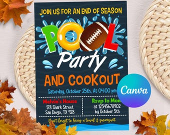 May include: A blue and orange pool party invitation with a football and a pool float. The invitation says "Join us for an end of season pool party and cookout" and includes the date, time, location, and RSVP information.