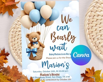 Blue Boy Boho Bear Baby Shower Invite, Bear Baby Shower Invitation We Can Bearly Wait Invitation, Boho Bear Invite For Girls