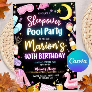 Slumber Pool Party Birthday Invitation Sleepover Swim Birthday Invite Pink Girl Tween Teen Swim Pool Digital Printable Template