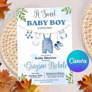 Editable Baby Shower Invitation, Boy Baby Clothes Baby Shower Invitation, A Sweet Baby Boy is on his way Laundry Blue Greenery