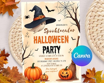 May include: Halloween party invitation with a ghost wearing a witch hat, bats, spiderwebs, and pumpkins. The invitation reads "Join us for a Spooktacular Halloween Party" with event details. The Canva logo is visible.