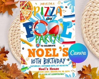 May include: A colorful invitation for a pizza and pool party, featuring the text "Pizza and Pool Party!" with a beach ball and a life preserver. The invitation is to celebrate Noel's 10th birthday.