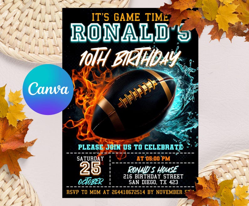 Football Invitation, Football Birthday Invitation, Football Game, Sports Party Invite, American Football Invite, Touchdown Football Invite