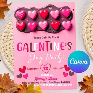 Editable Galentine&#39;s Invitation Girls, Galentine Party Girl&#39;s Night Invite, Valentines Invitation Pink Candy Hearts, CANVA Template