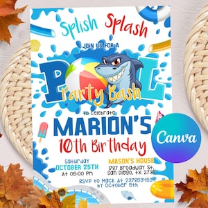Editable Shark Pool Party Invitation, Shark Birthday Invitation, Shark birthday, Shark Party, Canva Template