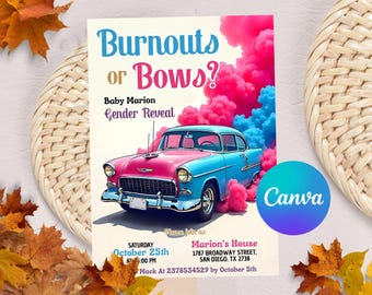 Editable Burnouts or Bows Gender Reveal Baby Shower Invitation, Boy or Girl, He or She Gender Reveal Invite, Burnouts or Bows Invitation