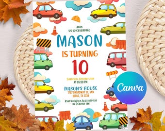 Mall för bilfödelsedagsinbjudan, transportfestinbjudan, modern fordonspojkefödelsedag, digital inbjudan