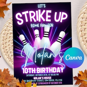 Bowling Birthday Invitation, Let&#39;s Strike Up Some Fun Bowling Party Invitation, Rainbow Neon Glow Girls Birthday Invite, Editable Template