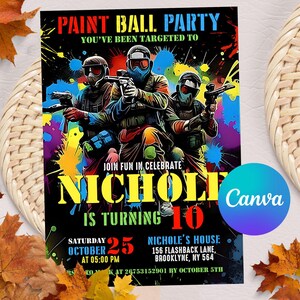 Puede incluir: Una invitación negra para una fiesta de paintball con el texto "Paint Ball Party" y "Nicholi cumple 10". La imagen presenta tres figuras con equipo de paintball con salpicaduras de pintura coloridas. La fecha es el 25 de octubre.