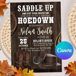 Country Western Invitation, Cowboy Birthday Invitation, Rustic Wood, Cowboy Hat and Lasso Digital Invite, Editable in Canva
