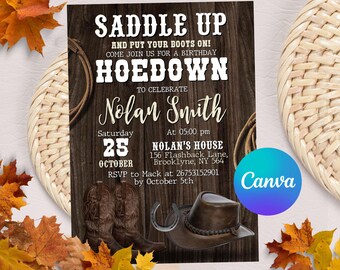 Country Western Invitation, Cowboy Birthday Invitation, Rustic Wood, Cowboy Hat and Lasso Digital Invite, Editable in Canva