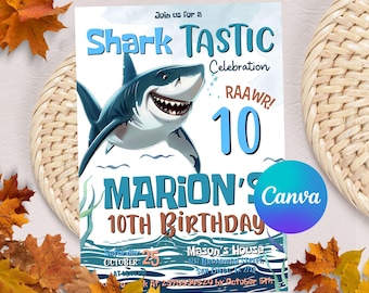 May include: A blue and white birthday invitation with a cartoon shark illustration. The invitation says "Join us for a Shark Tastic Celebration" and "Marion's 10th Birthday".