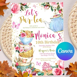 Faire-part d'anniversaire tea party, faire-part pour fille d'anniversaire, invitation florale rose fille, invitation tasse de thé, modèle numérique