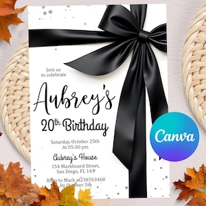 Editable Black Bow Birthday Invitation, Minimalist Black Bow Birthday Invite, Black Ribbon Coquette Birthday Party, Instant Download