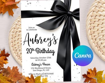 Editable Black Bow Birthday Invitation, Minimalist Black Bow Birthday Invite, Black Ribbon Coquette Birthday Party, Instant Download