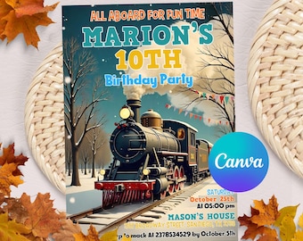 Editable Train Birthday Invitation Template, Toy Train Invitation For Any Age, Train Birthday Invitation, Instant Download Canva Template
