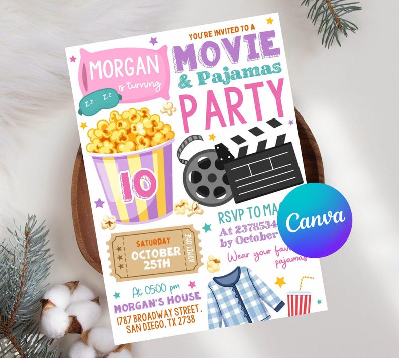 Movie and Pajamas Party Birthday Invitation,Editable Template,Girl Movie PJs Slumber Party Popcorn Invite,Sleepover Movie Ticket Evite,Movie and Pajamas,Party Birthday,Editable Template,Movie PJs Slumber,Party Popcorn Evite,Sleepover Movie,Night Ticket,Digital Invitation,Printable film reel,pillow camping,backyard movie,instant download