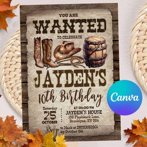 Invito Country Western, invito compleanno Cowboy, legno rustico, cappello da cowboy e lazo, stampabile, download immediato