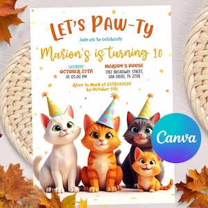 Editable Cat Birthday Invitation, Cat Theme Birthday Invitation, Are You Kitten Me Birthday, Paw-ty Birthday Invite, Rainbow, Digital