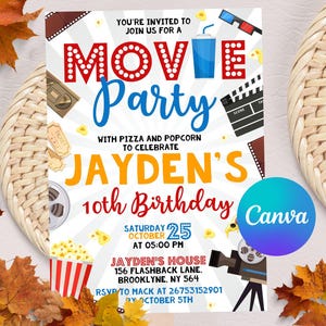 Editable Movie Birthday Invitation, Movie Night Invitation, Cinema Invitation, Digital Kids Party Invite with CANVA