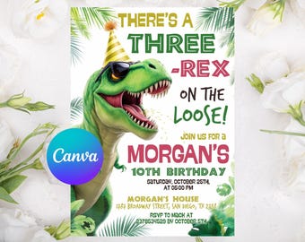 Invitación de cumpleaños de dinosaurio, invitación de cumpleaños de los tres Rex, fiesta de dinosaurios para el tercer cumpleaños de un niño, tres Rex sueltos, plantilla de invitación de los tres Rex