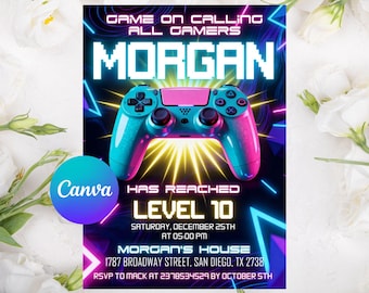 Editable Neon Game On Level Up Gaming Birthday Party Invitation, Video Game Birthday Invitation, Glow Game Party Printable Canva Template