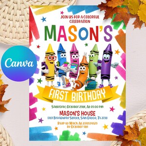 Editable Crayon Birthday Invitation, Crayon Art Party Invitation, Art Party Invitation, Canva Template