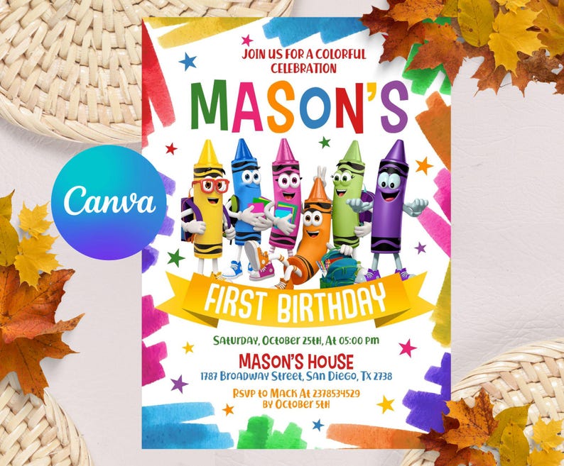 Editable Crayon Birthday Invitation, Crayon Art Party Invitation, Art Party Invitation, Canva Template