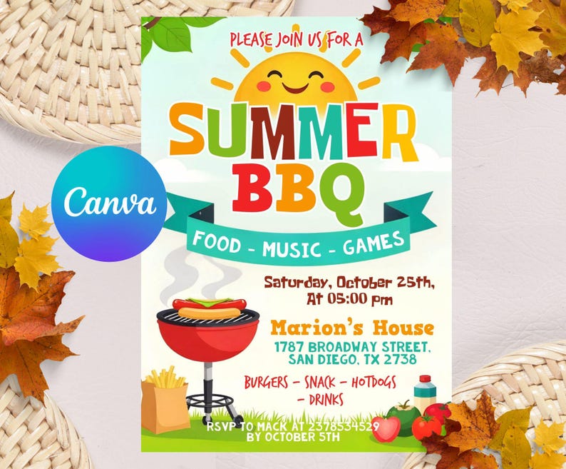 Summer BBQ Party Flyer Template: DIY Cookout Invitation (digital ...