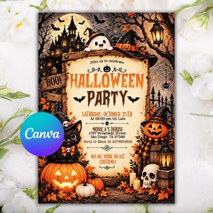 cute ghost birthday party invitation, ghost themed birthday invitation, cute ghost halloween invite, printable halloween ghost invite, halloween birthday invitation, boys girls halloween party invite, spooktacular kids halloween invite, editable ghost party invite, kids spooky birthday party invite, canva halloween birthday template, custom halloween birthday invite, editable canva ghost invitation, instant download halloween invitation, orange black ghost party template