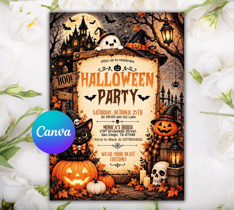cute ghost birthday party invitation, ghost themed birthday invitation, cute ghost halloween invite, printable halloween ghost invite, halloween birthday invitation, boys girls halloween party invite, spooktacular kids halloween invite, editable ghost party invite, kids spooky birthday party invite, canva halloween birthday template, custom halloween birthday invite, editable canva ghost invitation, instant download halloween invitation, orange black ghost party template