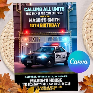 Polizei Geburtstagseinladung, bearbeitbare Cop Car Party Einladungsvorlage, Jungen Geburtstag, Polizist, alle Einheiten nennen, Canva Vorlage